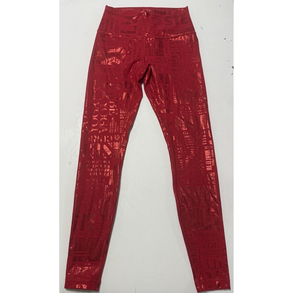Lululemon Wunder Under HR Leggings 6 Red Shiny Manifesto Foil Print High Rise 25